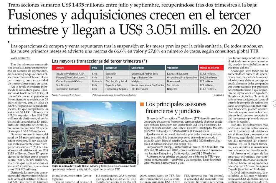 Fusiones y adquisiciones crecen en el tercer trimestre y llegan a US$ 3.051 mills. en 2020